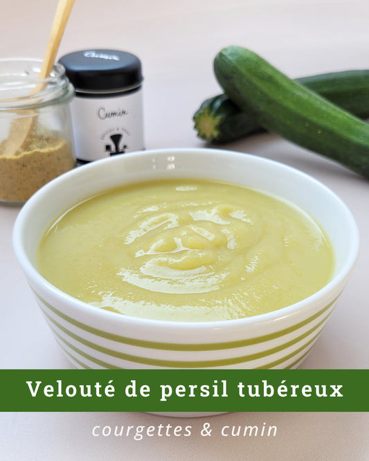 Velouté de persil tubéreux, courgette & cumin